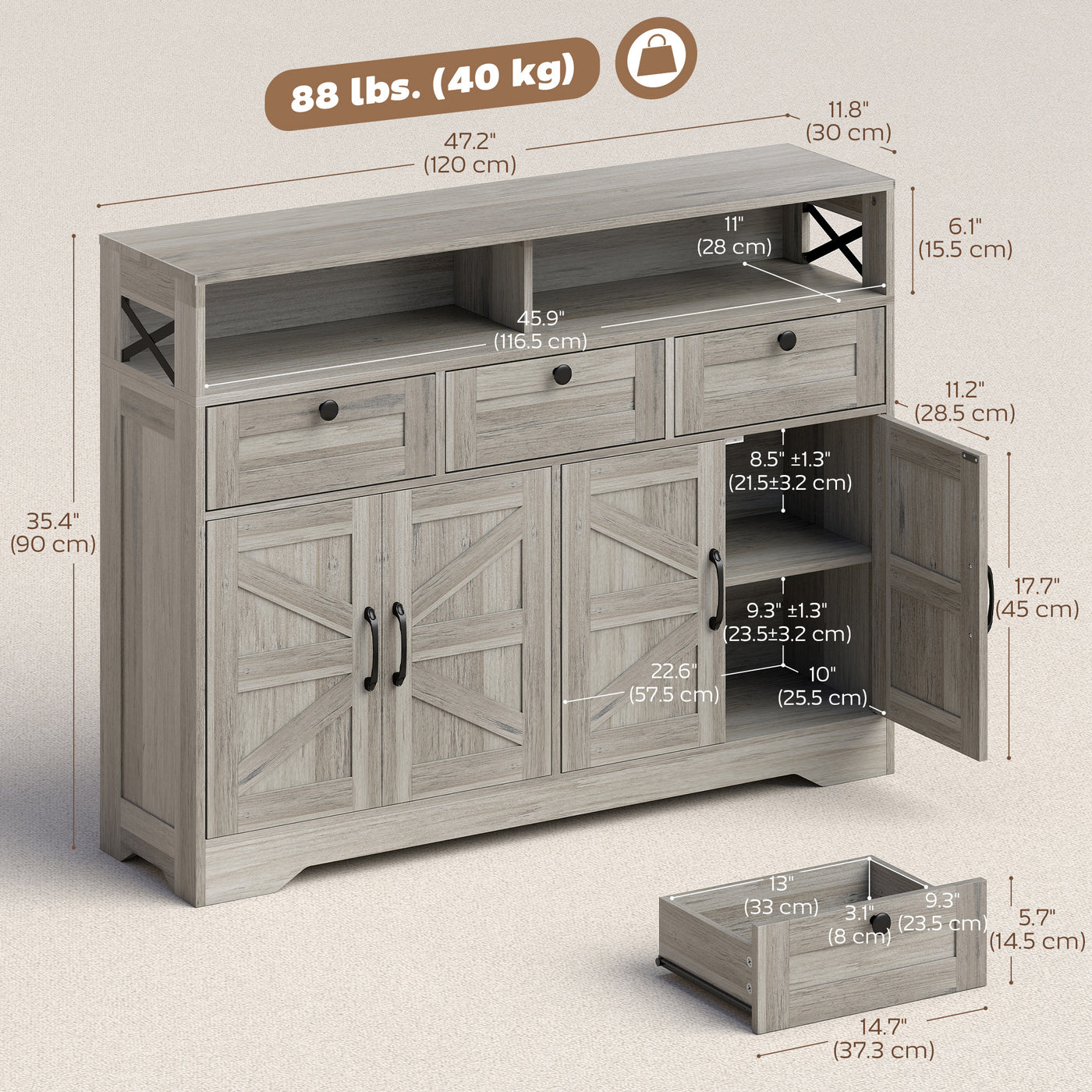 Sideboard, Buffet Cabinet with 4 Barn Doors and 3 Drawers, Coffee Bar Cabinet with Adjustable Shelves, Grey