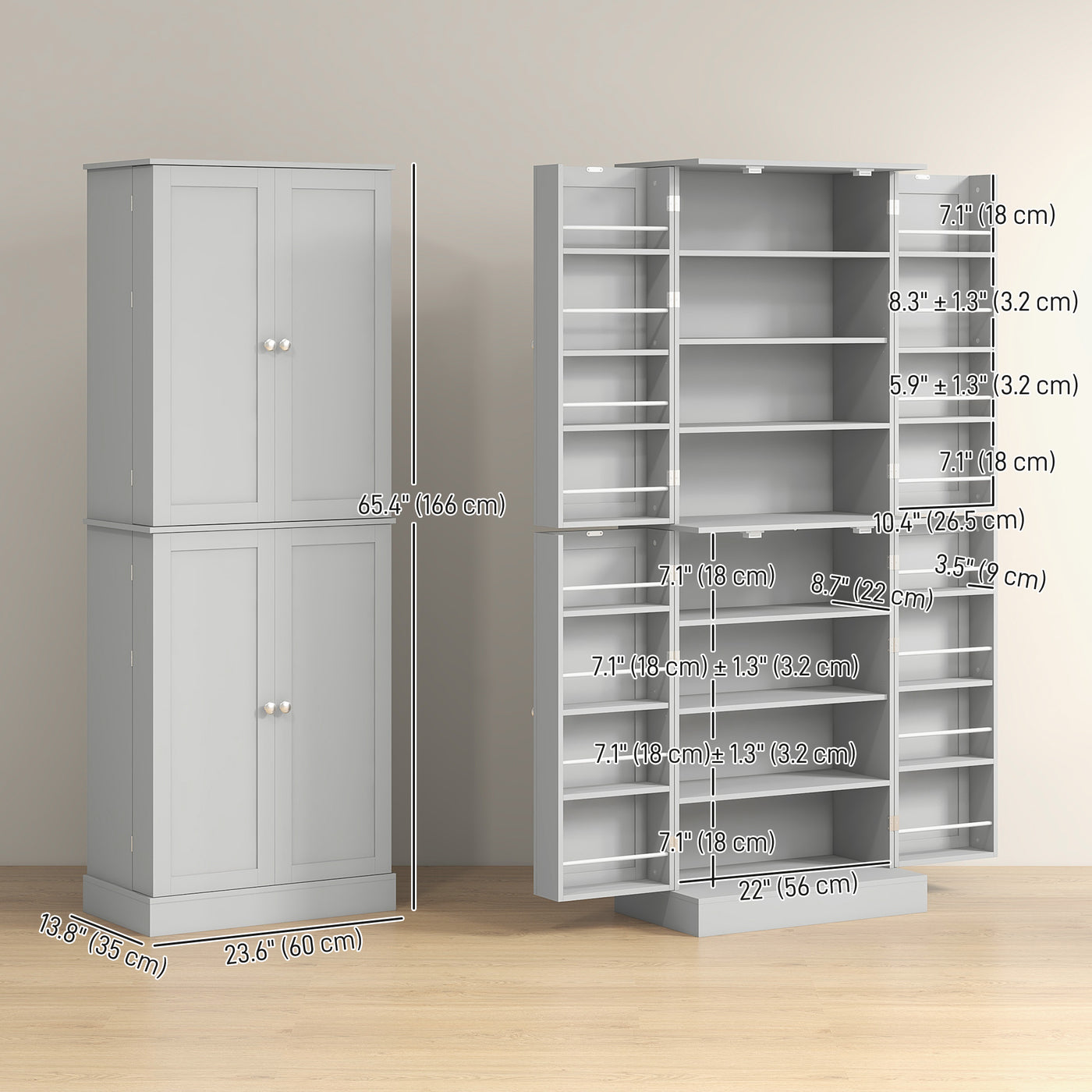 65" Kitchen Cabinet, Kitchen Pantry Cabinet with 4 Doors and 16 Door Shelves for Dining Room, Grey