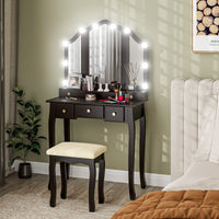 Makeup Vanity Desk with Mirror and Stool, Vanity Set with 10 LED Lights, 5 Drawers and 3 Compartments, Black