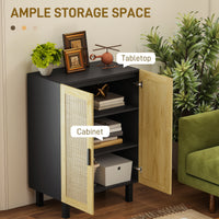 Boho Sideboard, Buffet Cabinet with Storage, Accent Cabinet with 2 Rattan Doors and Adjustable Shelves, Black