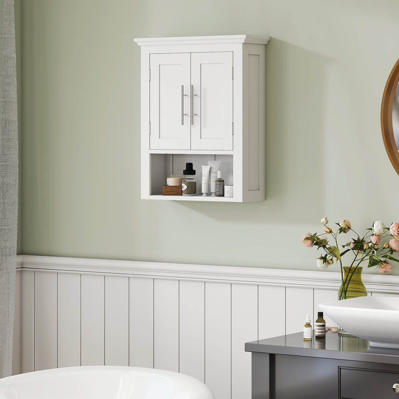 Bathroom Wall Cabinet, Medicine Cabinet, Toilet Storage Cabinet with Shelf for Living Room and Entryway, White