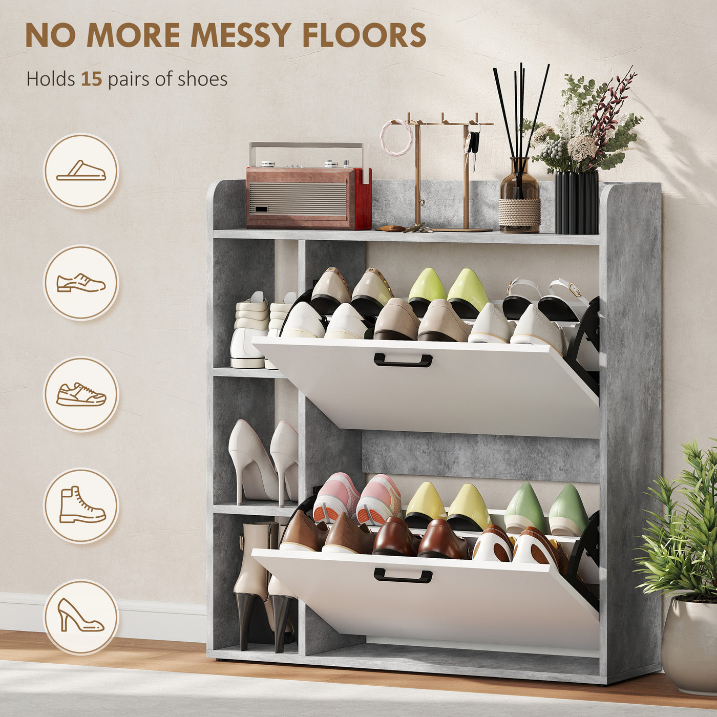 Shoe Cabinet with 2 Flip Drawers, 3 Side Compartments, Adjustable Shelves, 8-12 Pairs for Entryway Hallway, Grey