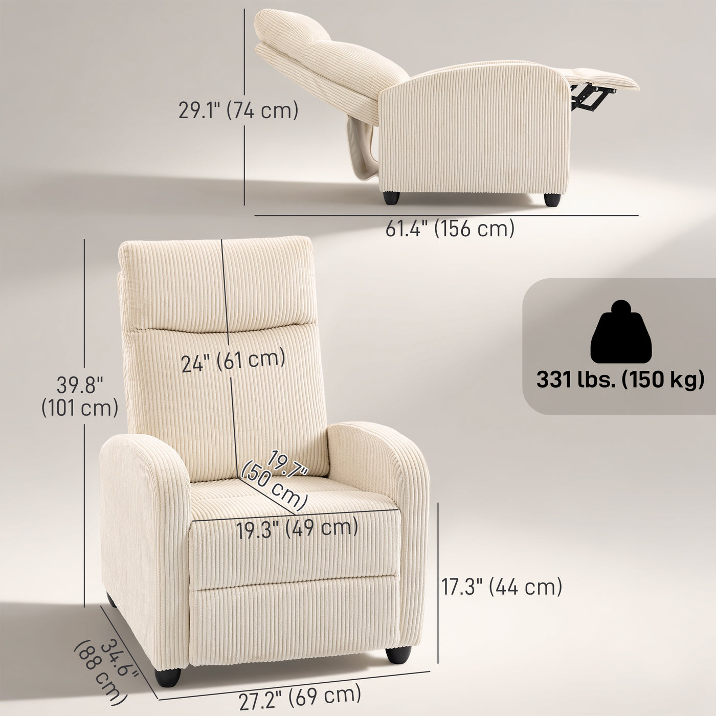 Fabric Recliner Chair Manual Home Theater Seating Single Reclining Sofa Chair with Padded Seat for Living Room, Beige