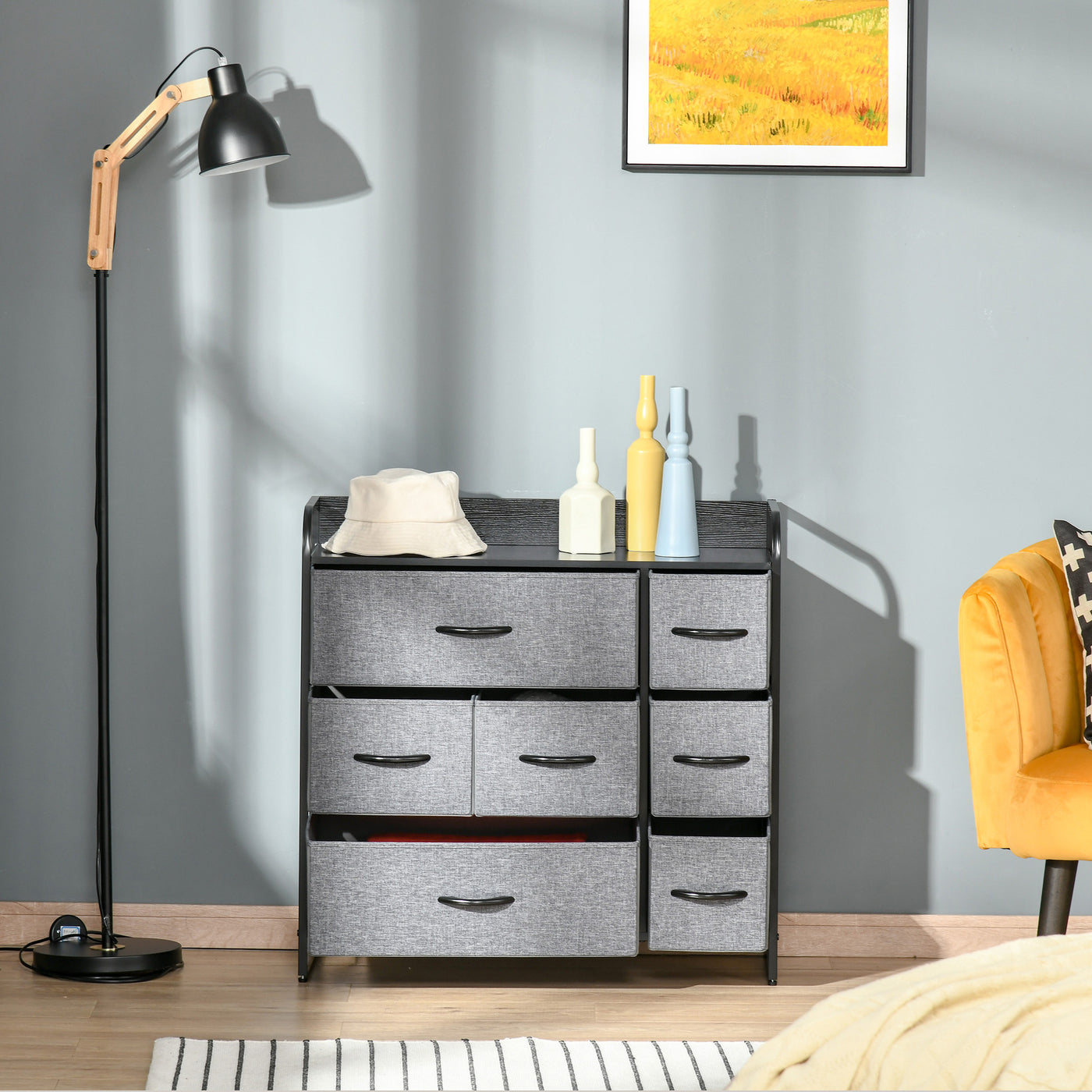7-Bin Dresser Storage Tower Cabinet Organizer Unit, Easy Pull Fabric Bins with Metal Frame