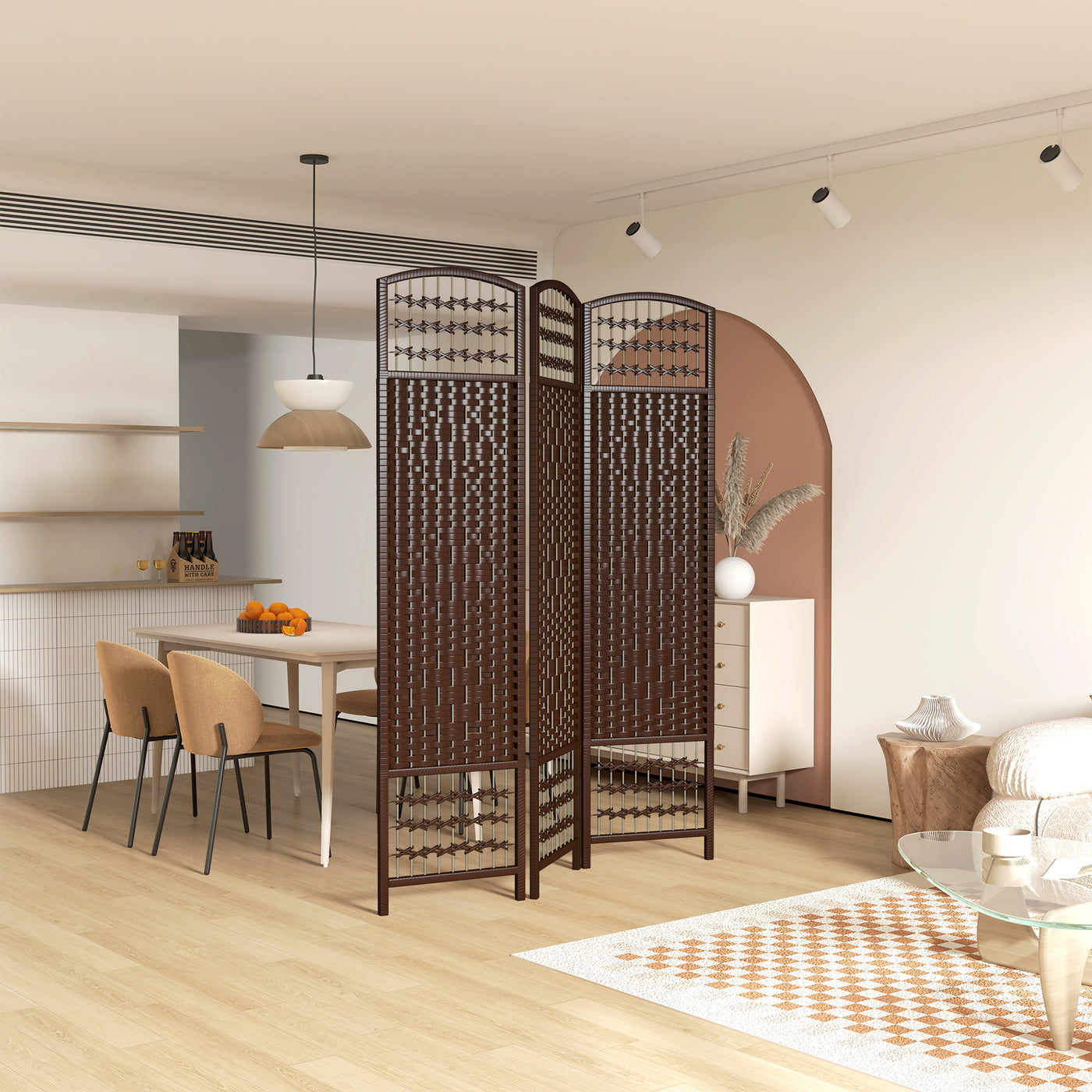 3 Panel Folding Room Divider, Portable Privacy Screen, Wave Fiber Room Partition for Home Office, Brown