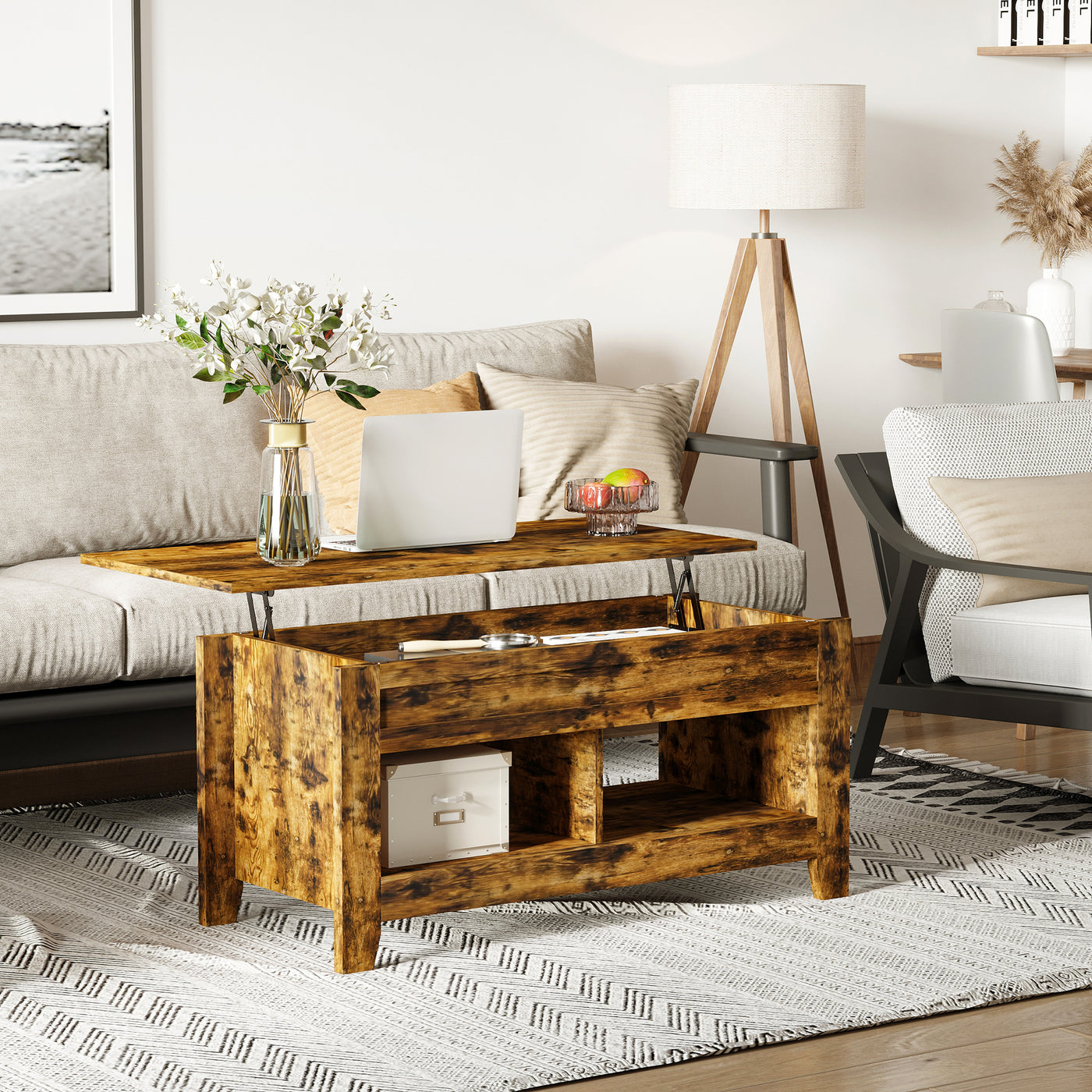 Lift Top Coffee Table with Hidden Storage Compartment and Open Shelves, Lift Tabletop Pop-Up Center Table for Living Room, Brown