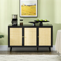 Kitchen Sideboard Cabinet, Boho Storage Cabinet with Shelves, Wood Legs, Decorative Rattan Doors, Black