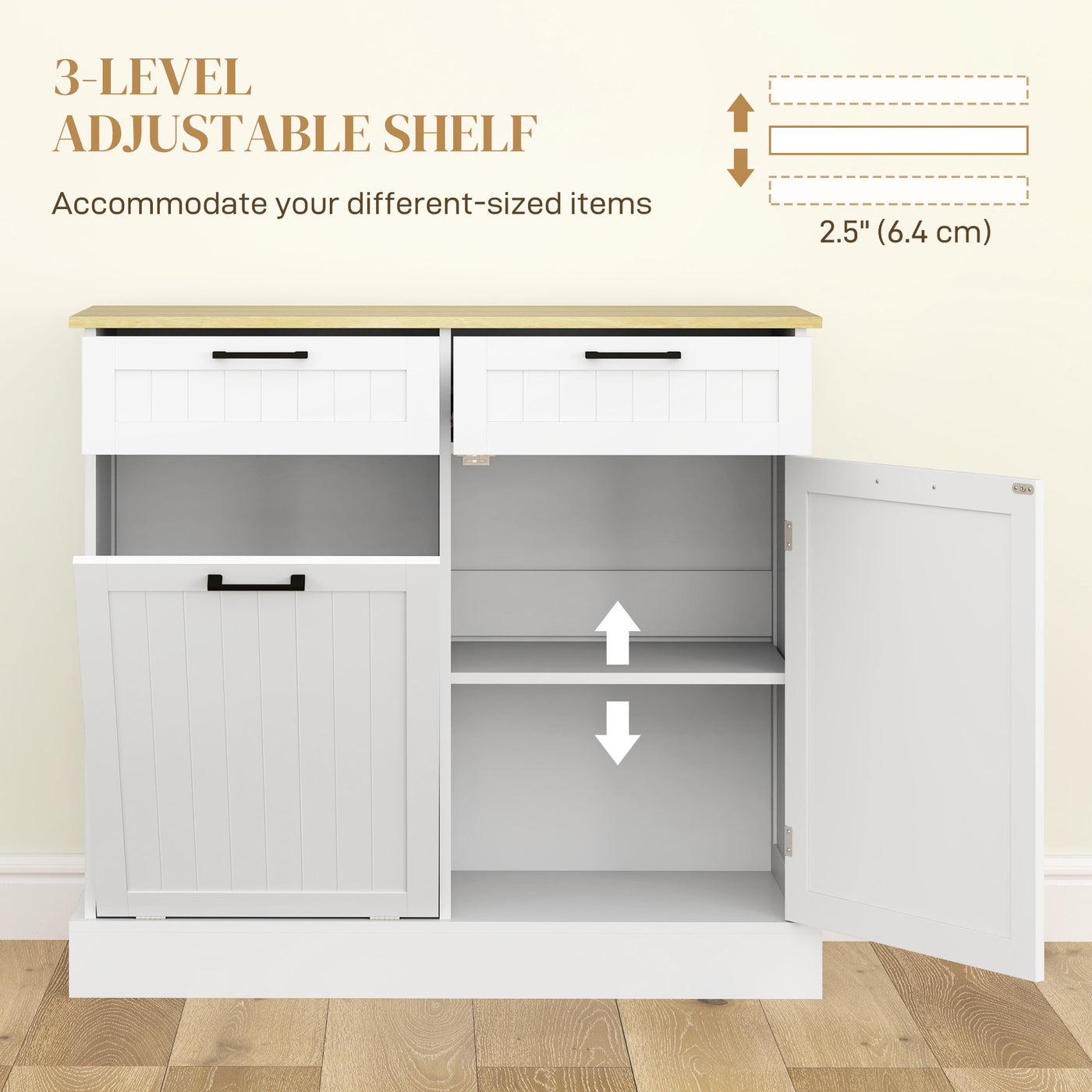 Hidden Garbage Bin Cabinet, Tilt Out Trash Cabinet w/ 2 Drawers, Freestanding Kitchen Island for Laundry, White