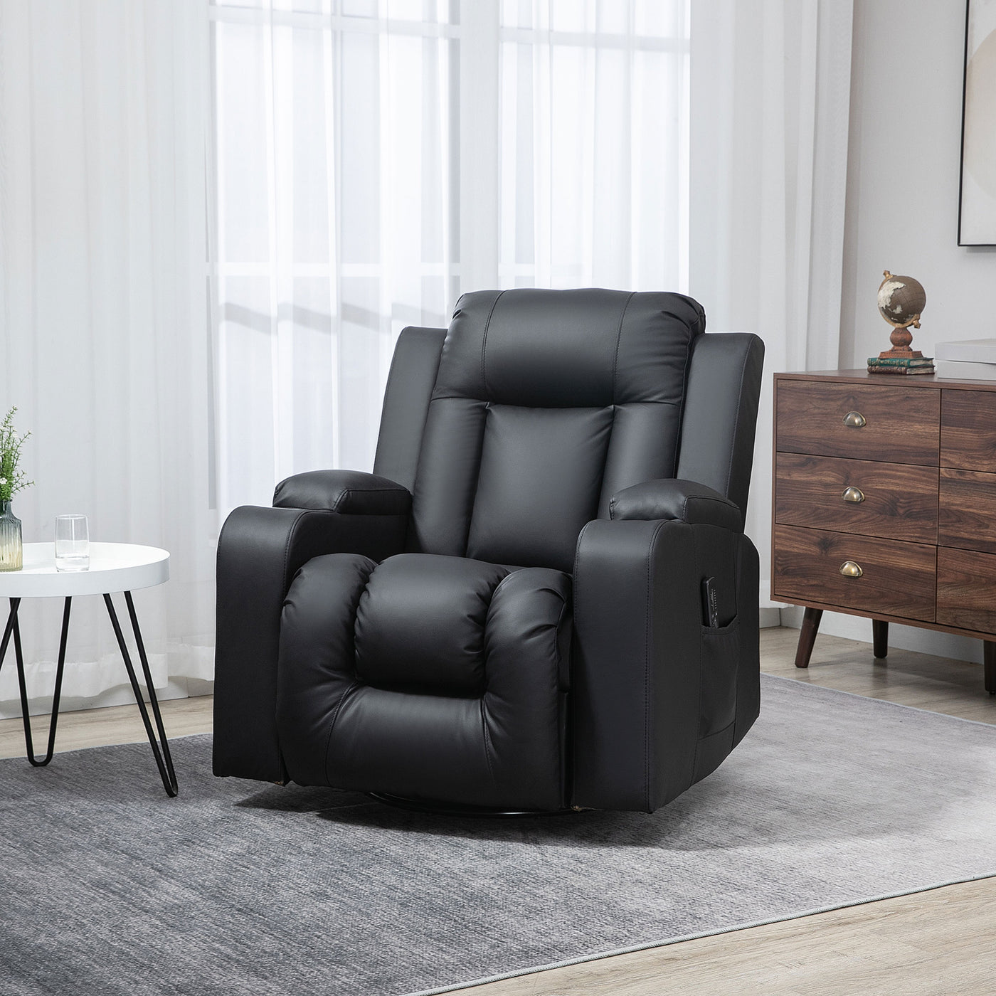 Swivel Massage Recliner Chair Rocker, Overstuffed Manual Reclining Sofa, PU Leather Rocking Chair with Side Pockets, Cup Holders, for Living Room, Nursery, Black