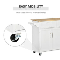 48" Kitchen Island with Storage and Solid Wood Top, Rolling Kitchen Cart on Wheels with 2 Storage Drawers, 3 Doors and Towel Rack for Dining Room, White