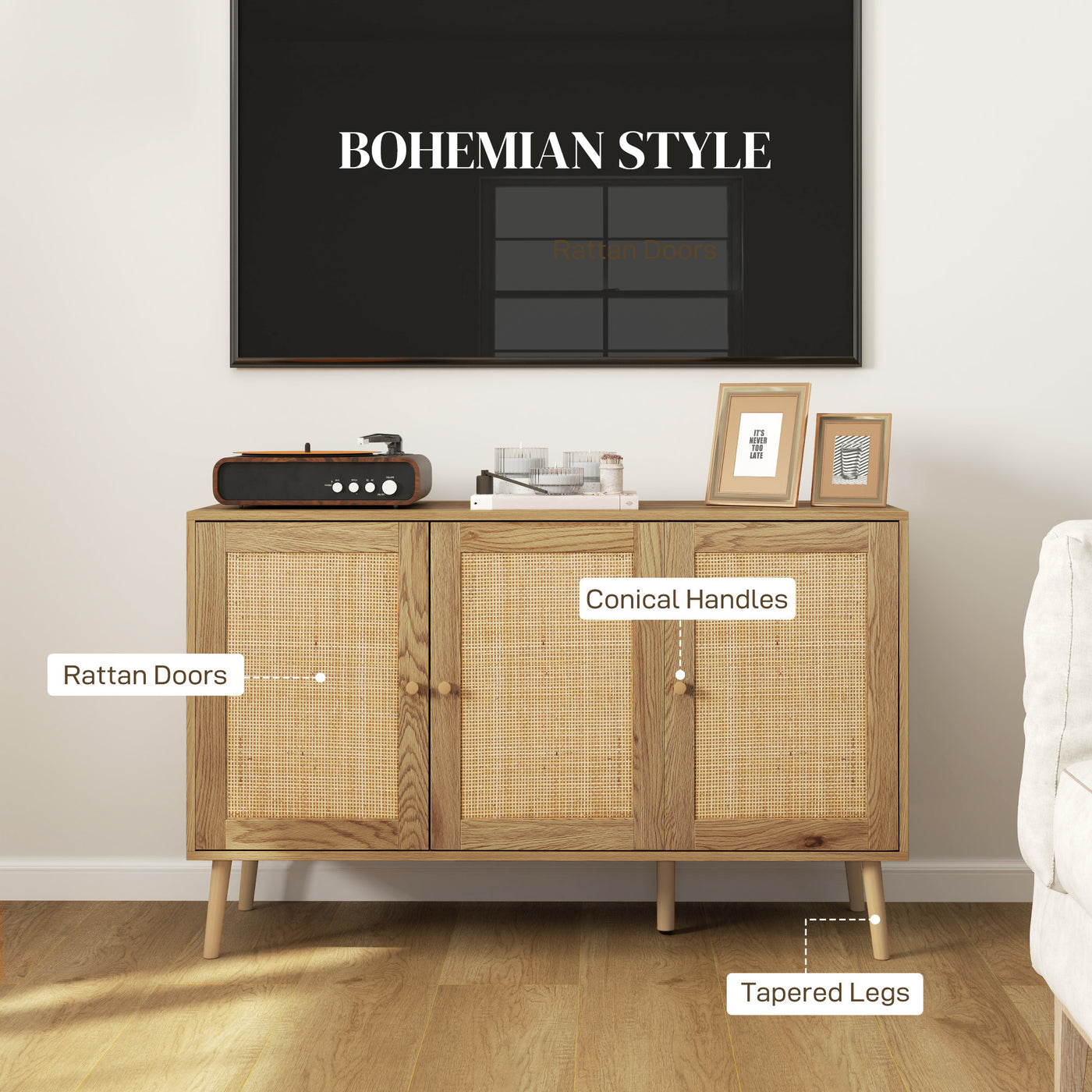 Bohemian Sideboard with Rattan Doors & Adjustable Shelf, Natural Wood Finish