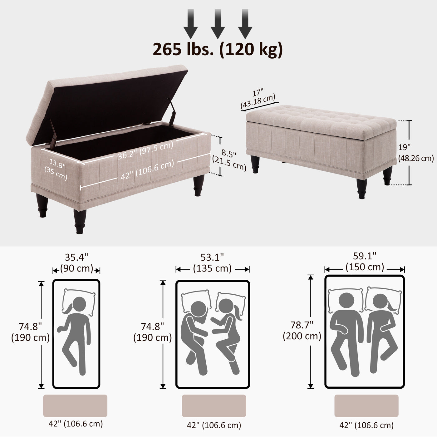 Storage Ottoman, Linen Fabric End of Bed Bench with Soft Close Lid, Button Tufted Storage Bench for Living Room, Entryway or Bedroom, 42" x 17" x 19", Beige