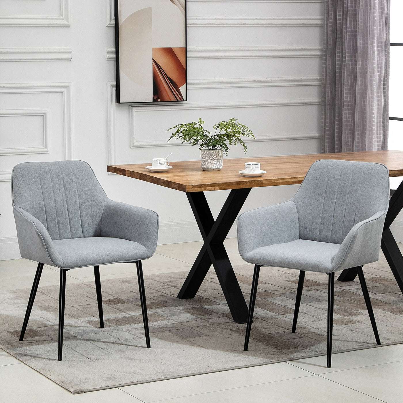 Dining Chairs Set of 2, Upholstered Linen Fabric Accent Chairs with Metal Legs, Light Grey