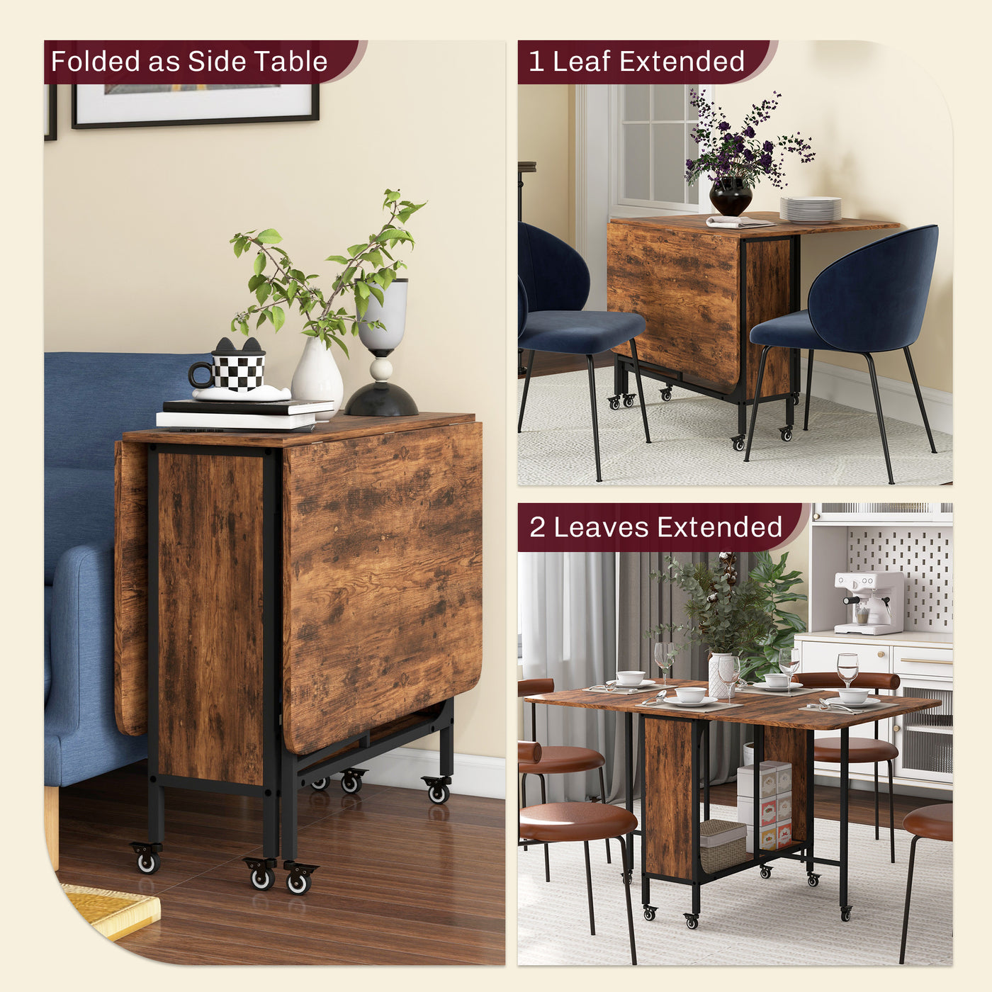 Folding Dining Table, Extendable Kitchen Table for Small Spaces with Storage Shelf and 6 Wheels, Rustic Brown