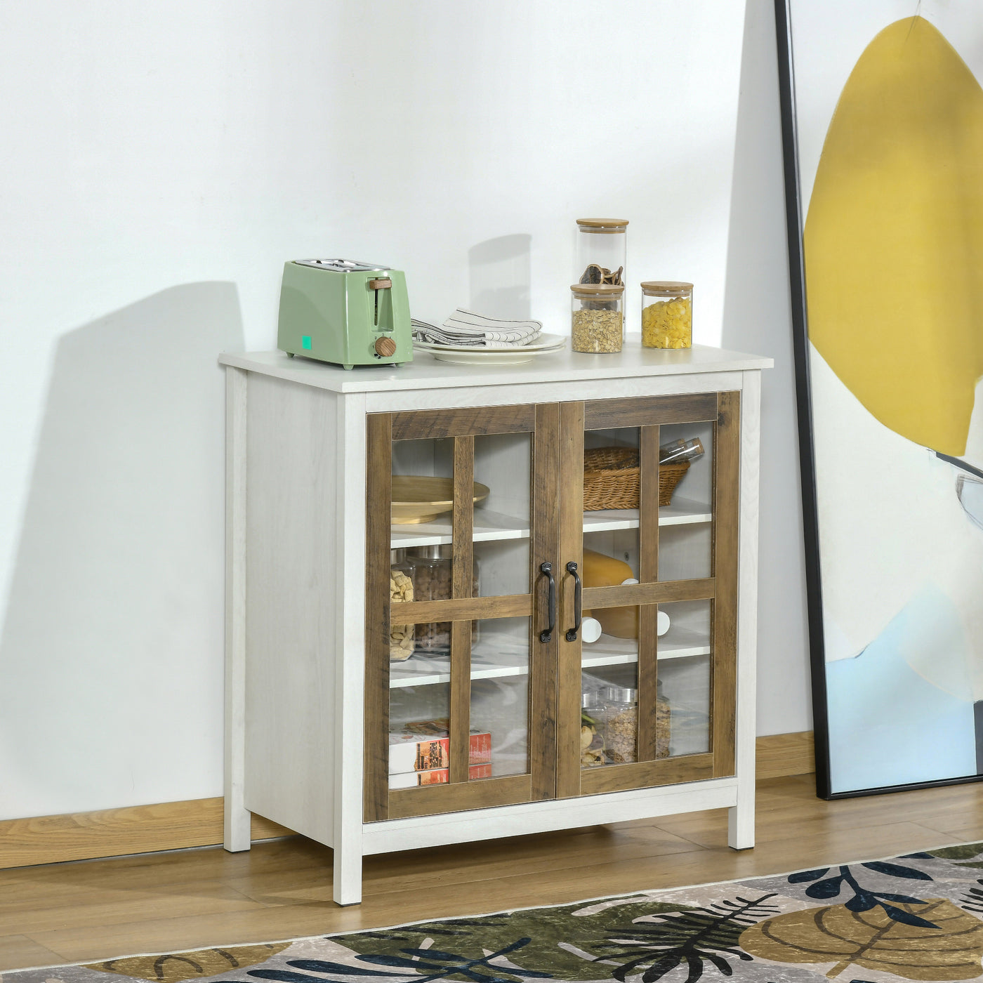Kitchen Sideboard, Glass Door Buffet Cabinet, Accent Storage Cabinet with 2 Glass Doors and Adjustable Shelf for Dining Room, Living Room, Distressed White
