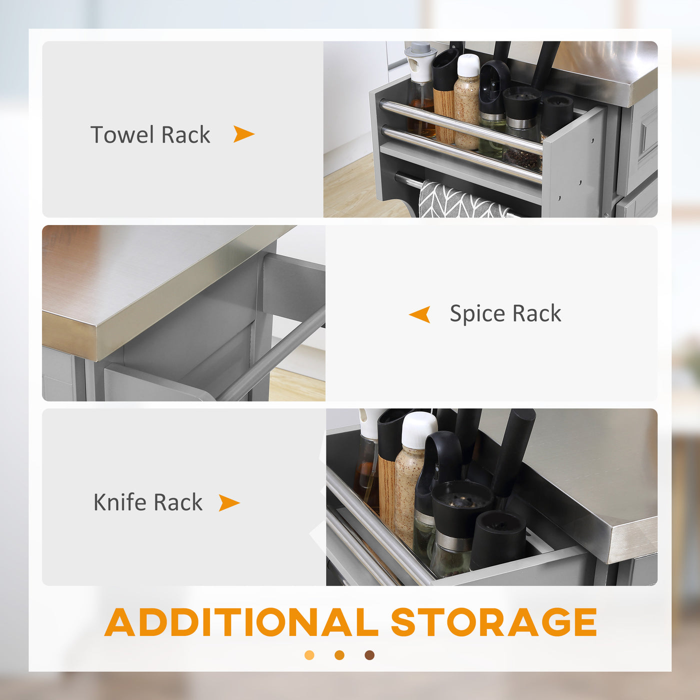 Stainless Steel Kitchen Island with Storage and Stainless Steel Top, Kitchen Trolley with Drawers, Cabinets, Towel Rack, Grey