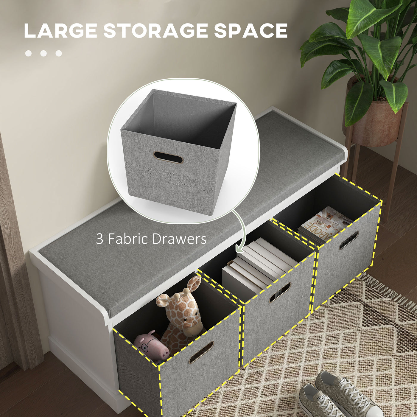 Shoe Storage Bench with Seat, Entryway Bench Seat with Cushion, 3 Fabric Drawers for Hallway, White