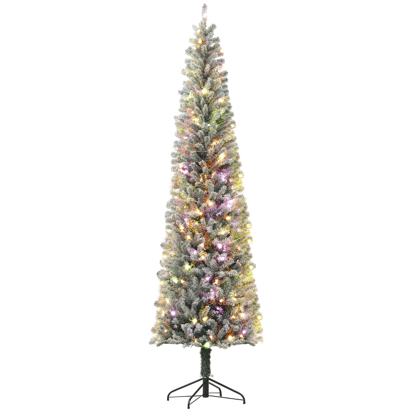 9ft Prelit Pencil Artificial Christmas Tree, Flocked Xmas Tree with Remote, Dual Colour LEDs, 895 Tips, Metal Stand