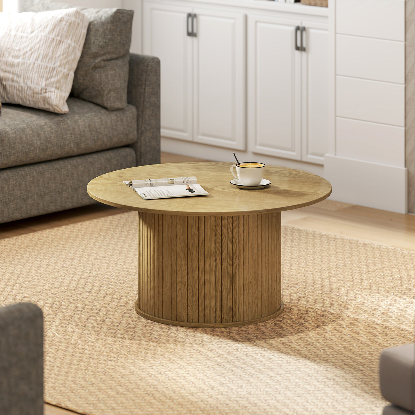 31.5" Round Coffee Table, Nordic Style Center Table with Fluted Cylindrical Base for Living Room, Oak