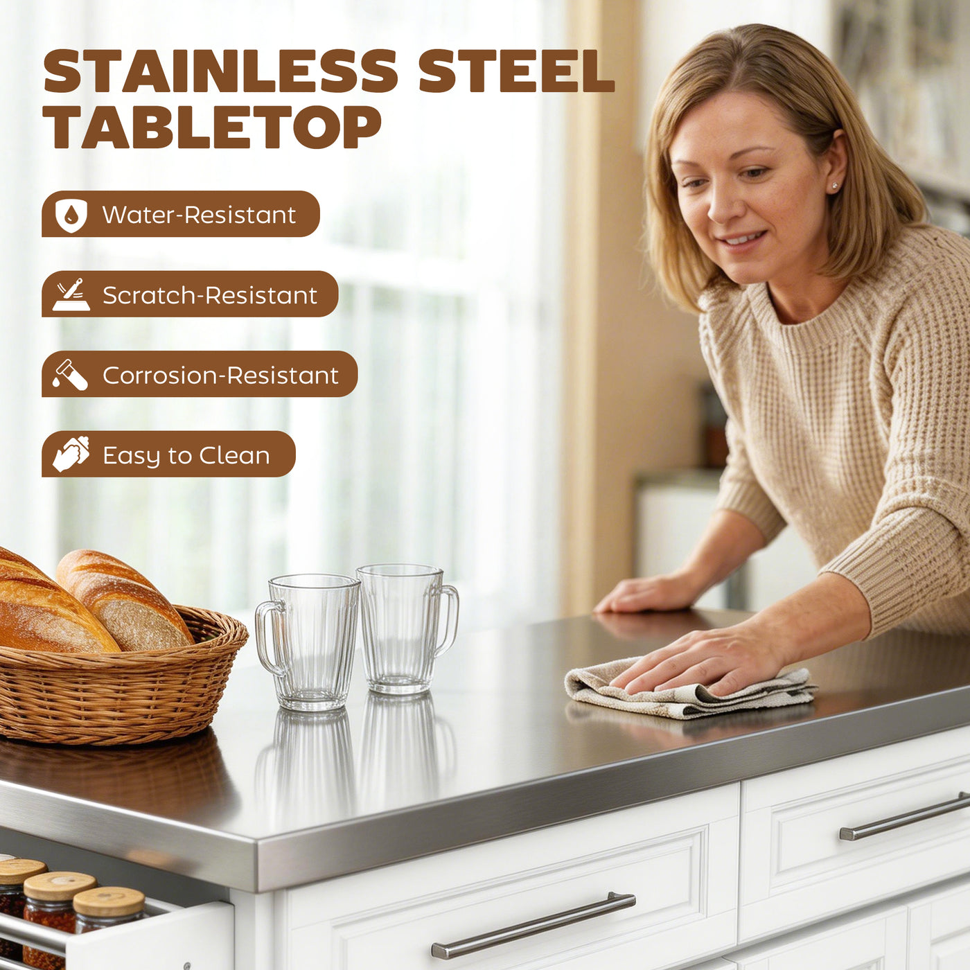 Rolling Kitchen Island with Storage and Stainless Steel Top, Kitchen Trolley with Drawers, Cabinets, Towel Rack