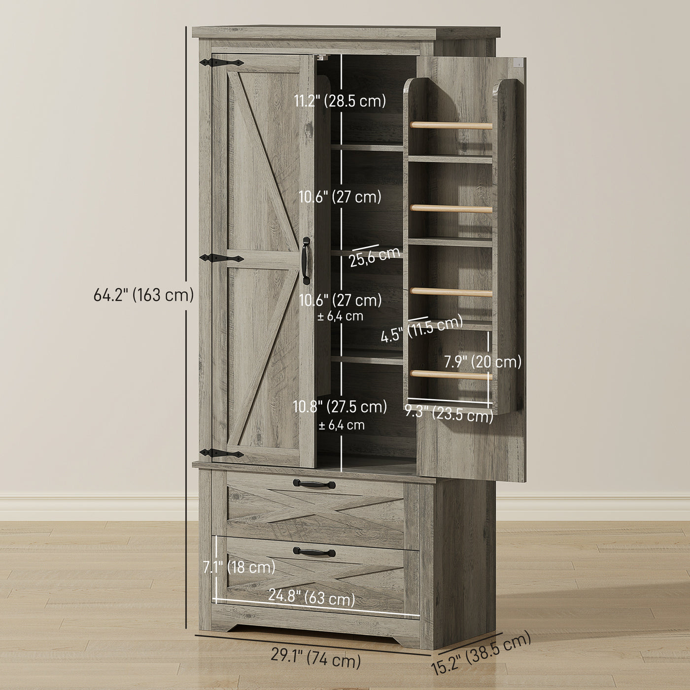 Farmhouse Kitchen Pantry Storage Cabinet, 64" Freestanding Kitchen Pantry Cabinet with Drawers, Distressed Grey