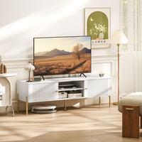 TV Stand for TVs up to 65", Entertainment Center with 2 Open Shelves, 2 Cabinets and Steel Legs for Living Room, White