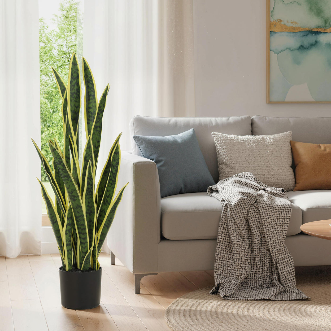 Artificial Tree, 35.4" Artificial Snake Plant with 21 Leaves in Pot for Home, Office, and Living Room, Green