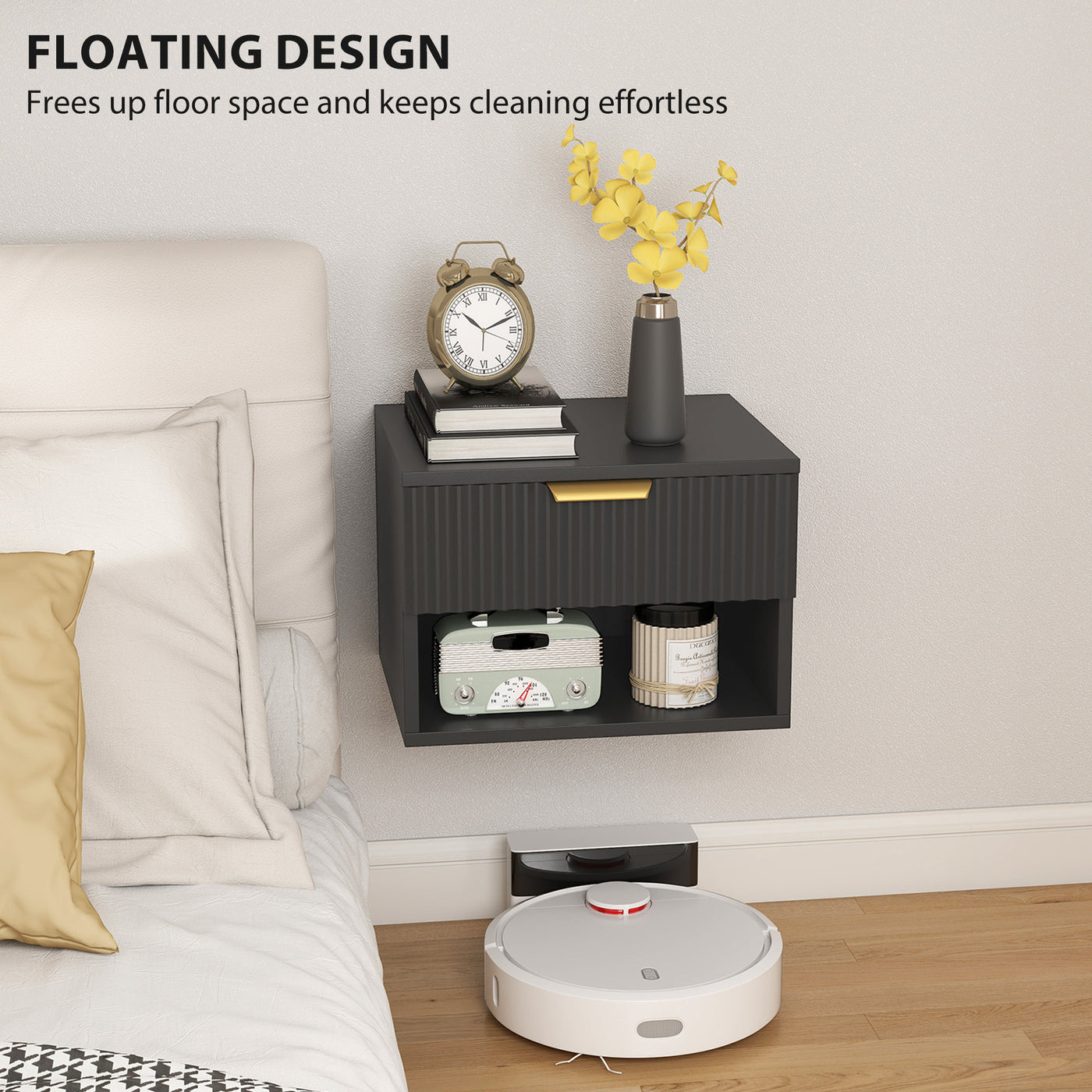 Floating Nightstands, Wall Mounted Bedside Tables Set of 2 with Drawer and Open Shelf, Black
