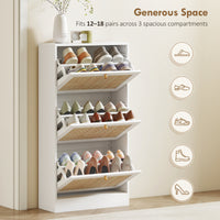 Rattan Shoe Storage Cabinet with 3 Flip Drawers and Adjustable Shelves, Entryway Shoe Cabinet for 18 Pairs, White