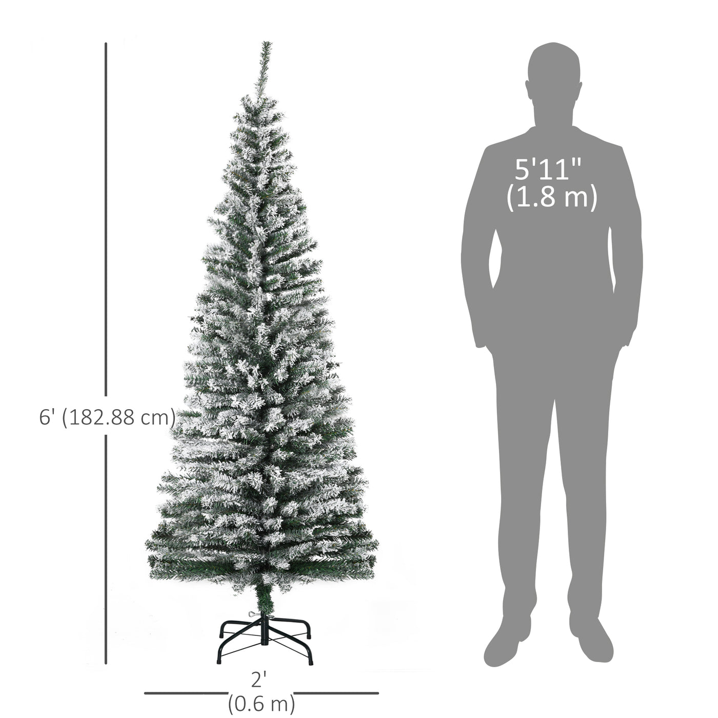 6ft Flocked Christmas Tree, Pencil Christmas Tree with Realistic Branch Tips, Folding Metal Stand, Green