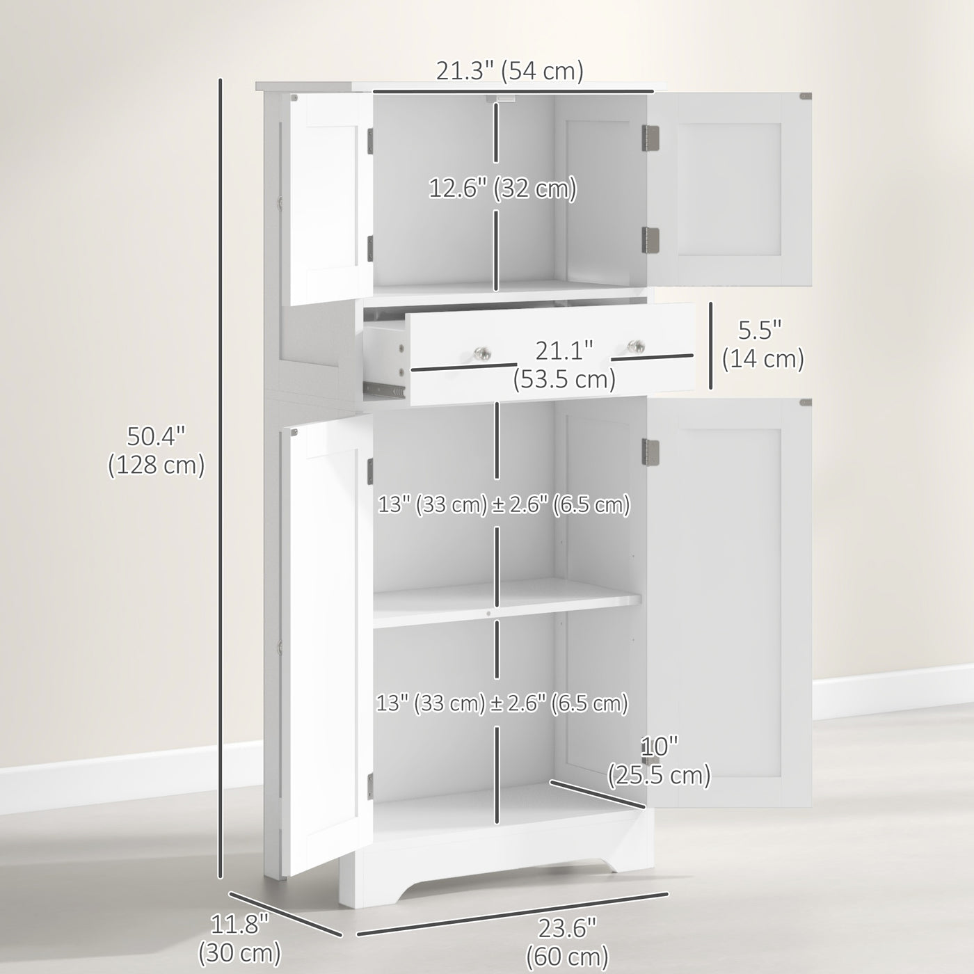50.5" Kitchen Storage Cabinet, Modern Kitchen Pantry Cabinet with 4 Doors, Drawer, Adjustable Shelf, White
