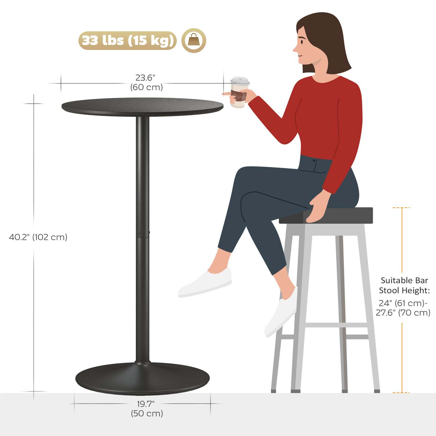 Round Table for 2, 40.2 Inch Bar Height Pub Table with Steel Frame, Non-Slip Base for Living Room, Kitchen, Black