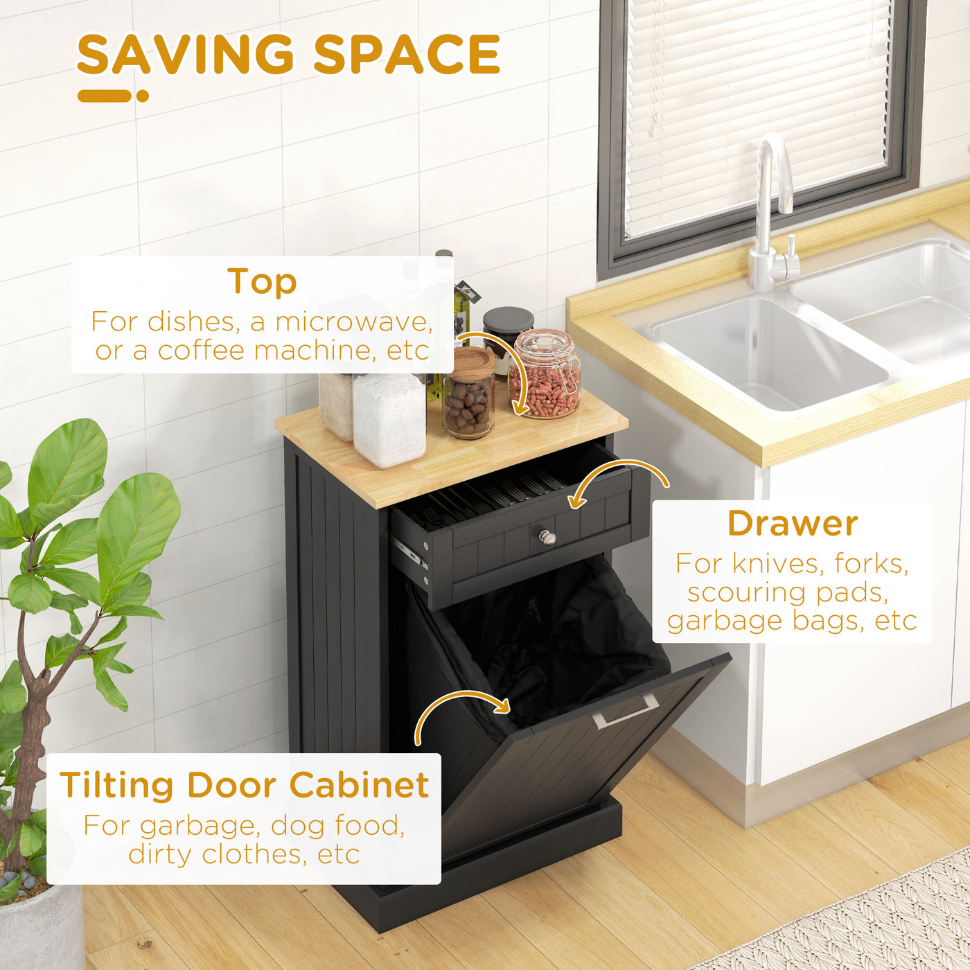 Kitchen Tilt Out Trash Bin Cabinet, Free Standing Recycling Cabinet, Trash Can Holder with Drawer, Black