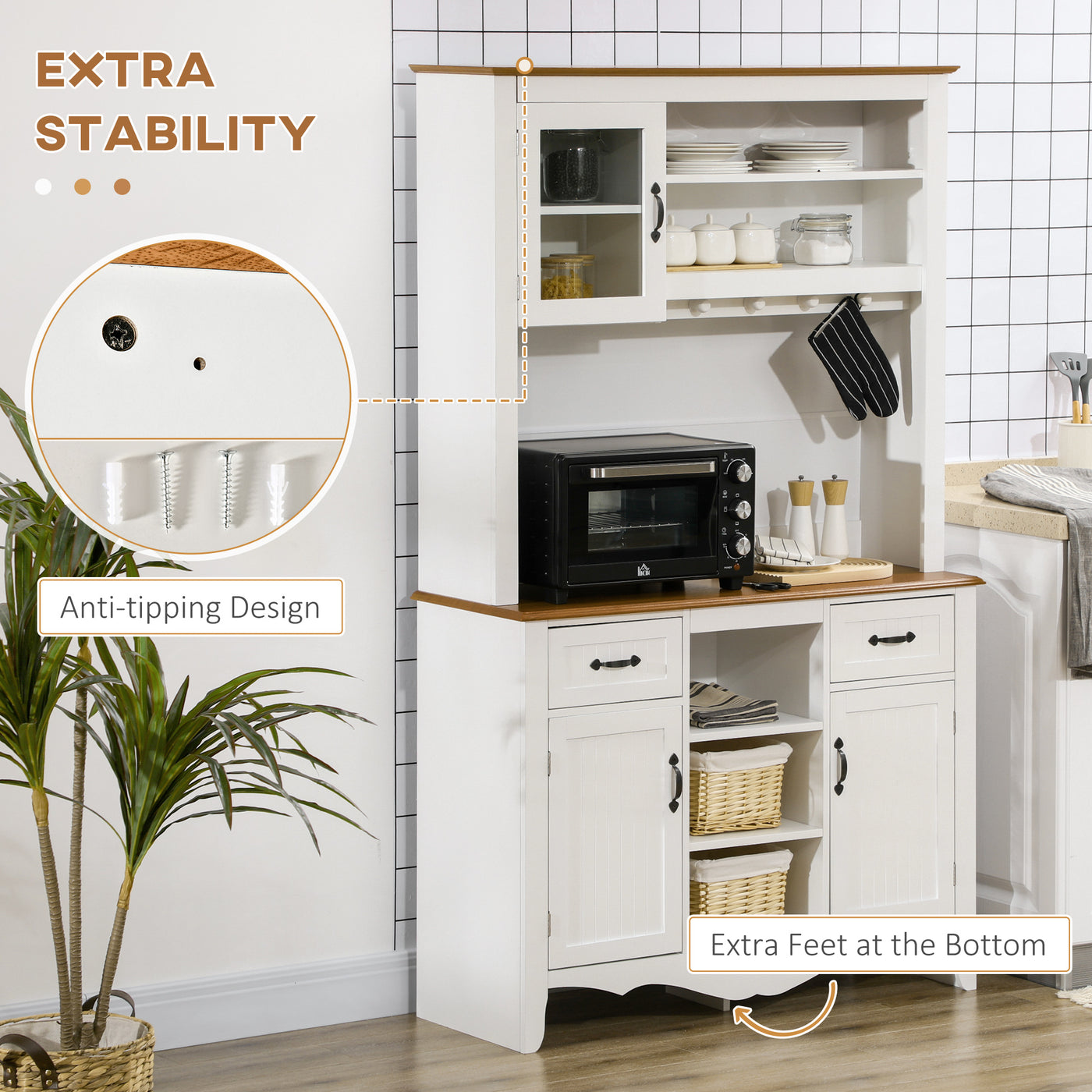 71" Kitchen Buffet with Hutch, Farmhouse Style Storage Cupboard with Utility Drawer, 3 Door Cabinets and 5-tier Shelves, White