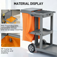 Commercial Janitorial Cart with 3 Tier Shelves, Cleaning Cart with Rubbish Bag and Mop Mount for Hotel Restaurant, Grey