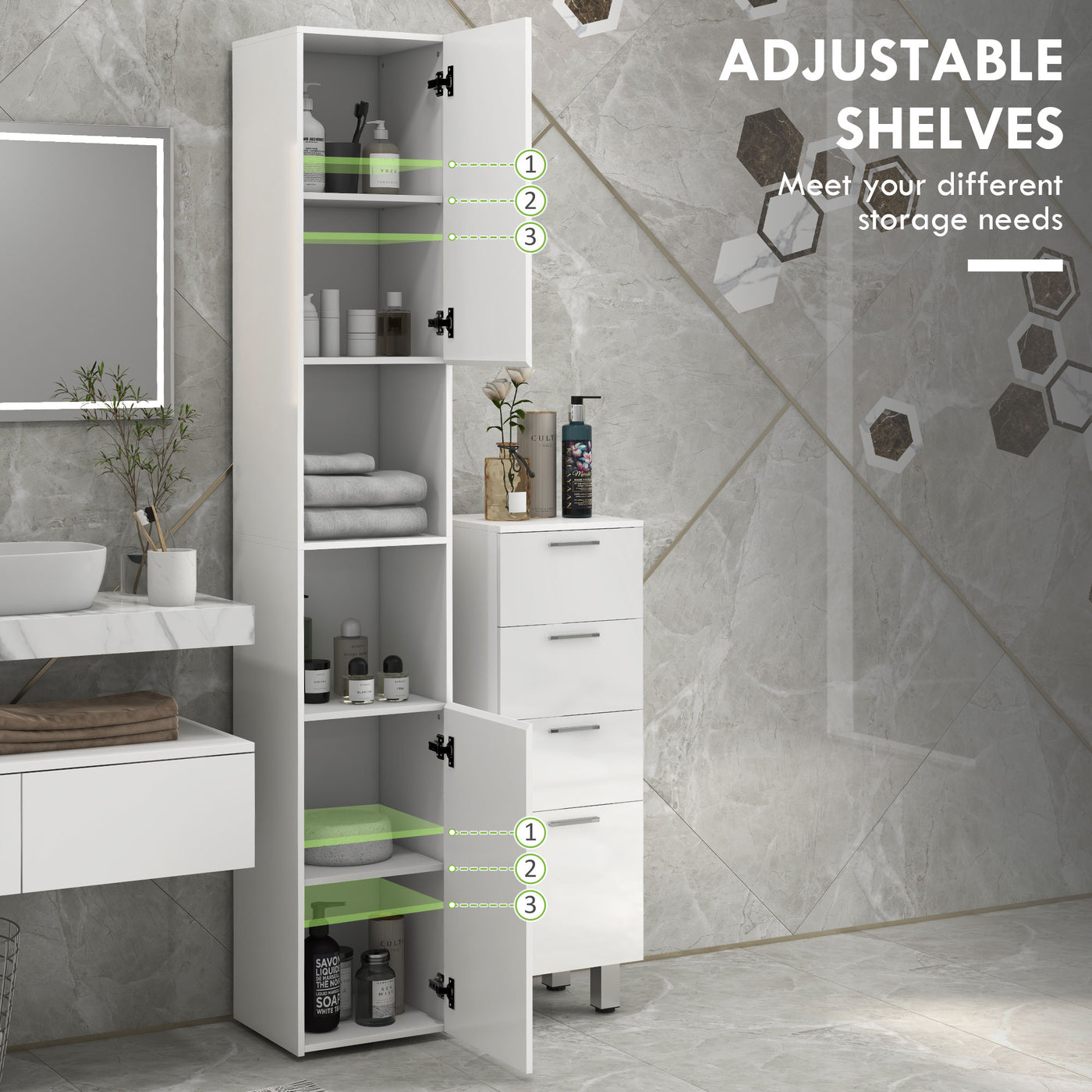 Tall Bathroom Cabinet, High Gloss Storage Cabinet with Doors and Adjustable Shelves, 11.8" x 11.8" x 71.5", White
