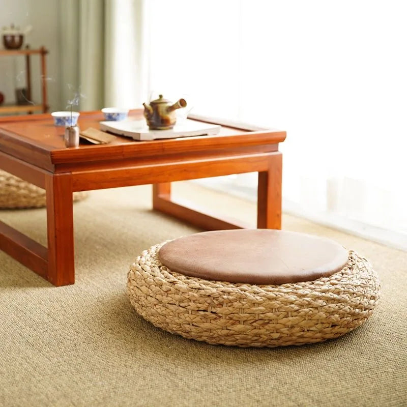 Modern Knitted Round Pouf Ottoman Stool W/PU Leather Seat Pad Floor Yoga Meditation Cushion Straw Rusitc Tatami Pouf Furniture