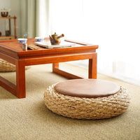 Modern Knitted Round Pouf Ottoman Stool W/PU Leather Seat Pad Floor Yoga Meditation Cushion Straw Rusitc Tatami Pouf Furniture