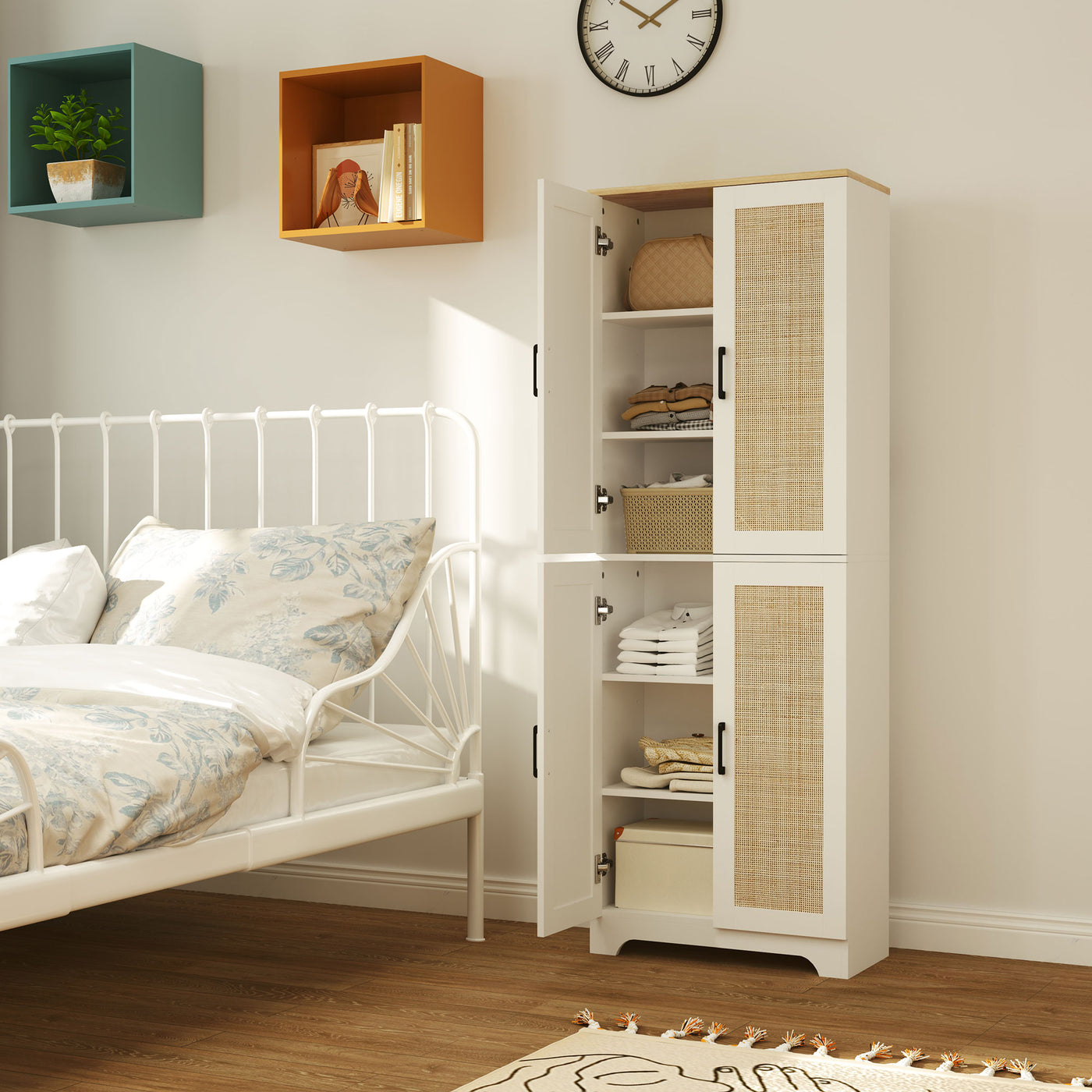 67" Tall Kitchen Pantry, Freestanding Kitchen Storage Cabinet with 4 Rattan Doors and Adjustable Shelves, White