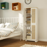 67" Tall Kitchen Pantry, Freestanding Kitchen Storage Cabinet with 4 Rattan Doors and Adjustable Shelves, White