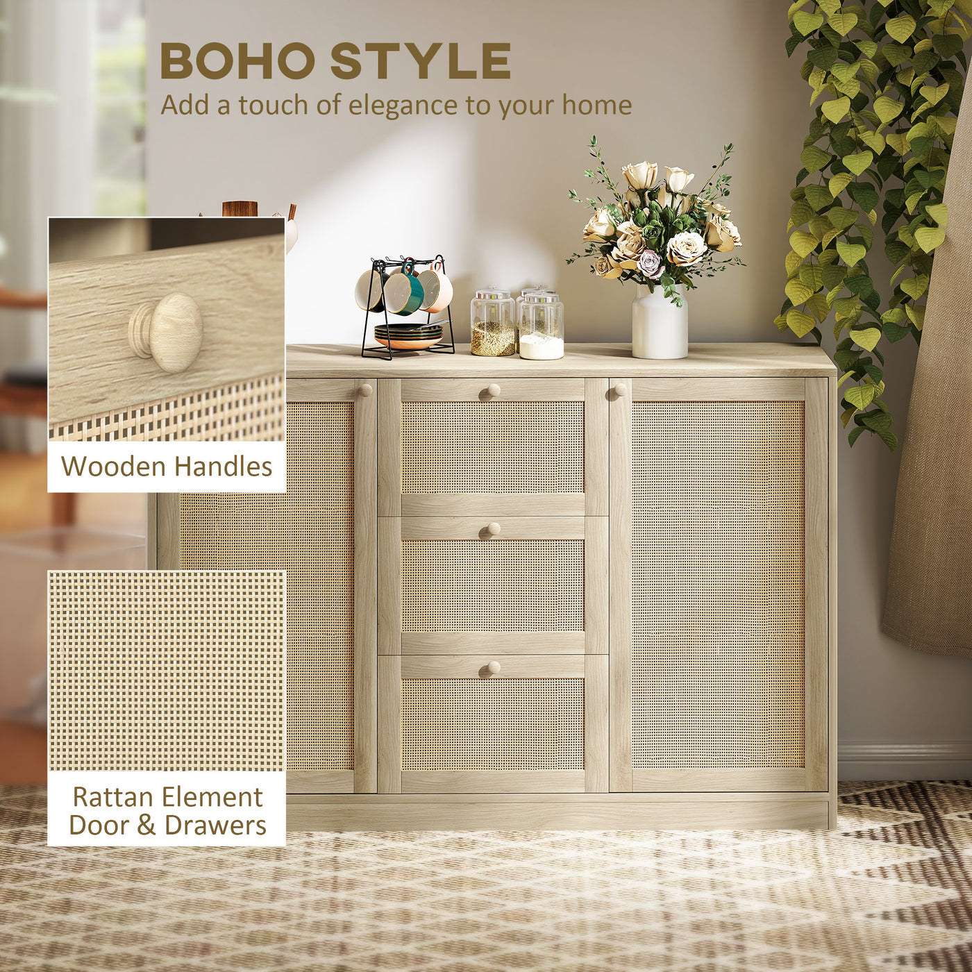 Boho Sideboard Buffet Cabinet, Kitchen Coffee Bar Cabinet with 3 Drawers, 2 Adjustable Shelves and 4 Racks, Natural