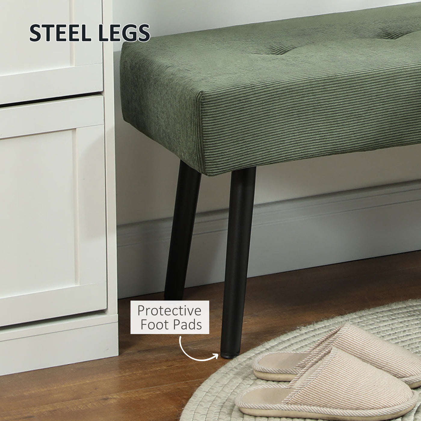 39" Upholstered Ottoman Bench, Corduroy Entryway Bedroom Bench with Padded Seat and Steel Legs for Bedroom, Green