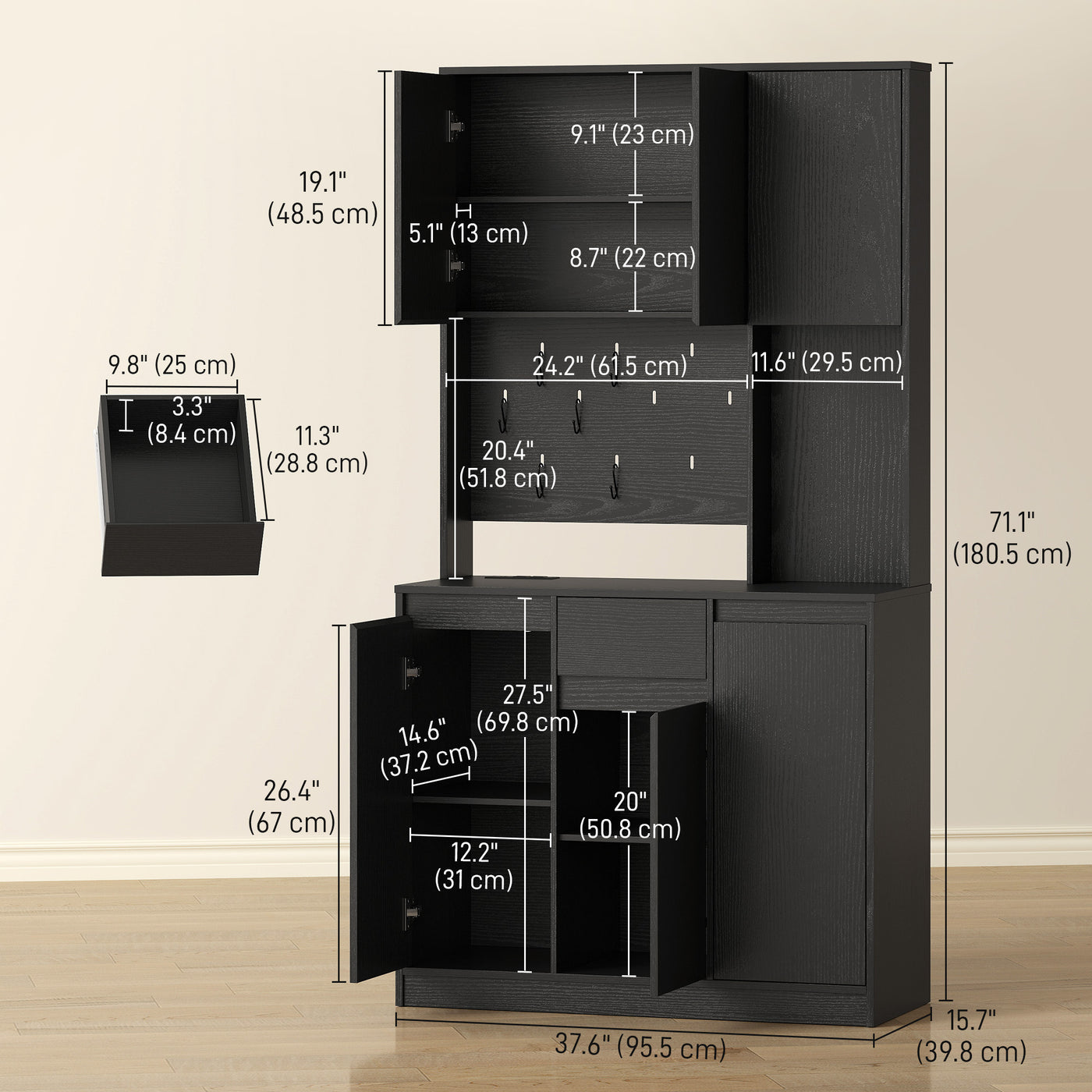 71" Pantry Cabinet with Charging Station, Kitchen Storage Cabinet with Microwave Stand, Pegboard, 6 S-hooks, Black