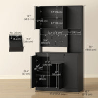71" Pantry Cabinet with Charging Station, Kitchen Storage Cabinet with Microwave Stand, Pegboard, 6 S-hooks, Black