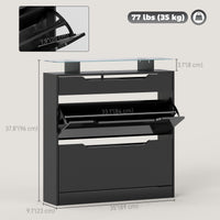 High Gloss Shoe Cabinet with 2 Flip Drawers and Adjustable Shelves, Narrow Shoe Storage Cabinet with Glass Top, Black