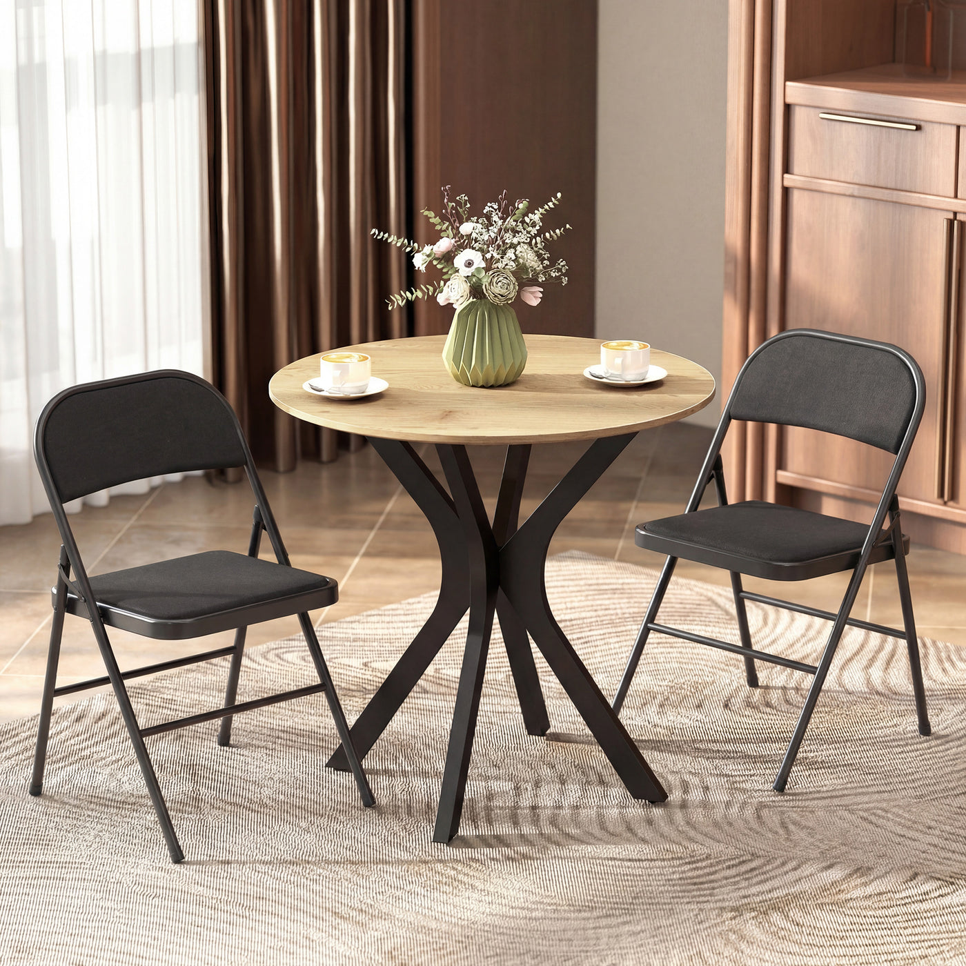 Set of 2 Metal Foldable Chairs, Linen Fabric Padded Folding Chairs with Cushion Seat and Open Back for Indoor, Black