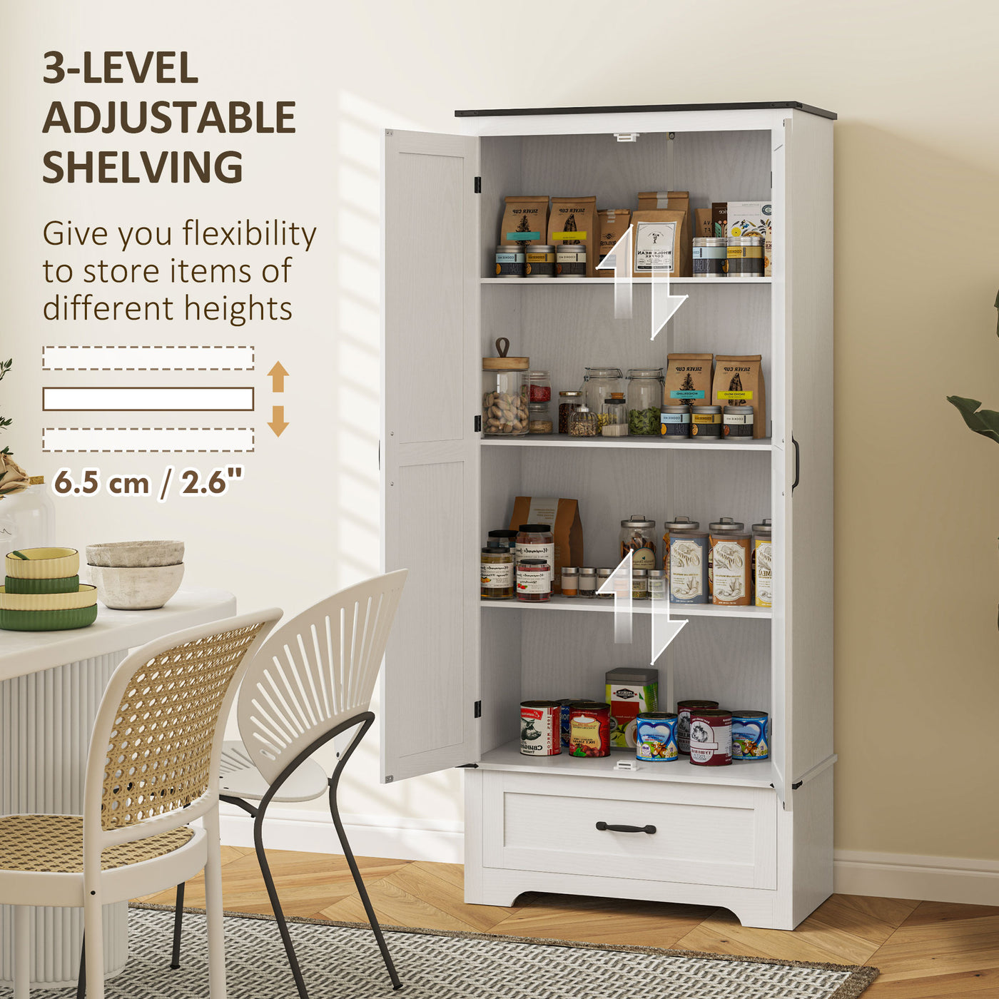 72" Farmhouse Pantry Cabinet with Adjustable Shelves, Kitchen Pantry Cabinet with 2 Doors, White Wood Grain