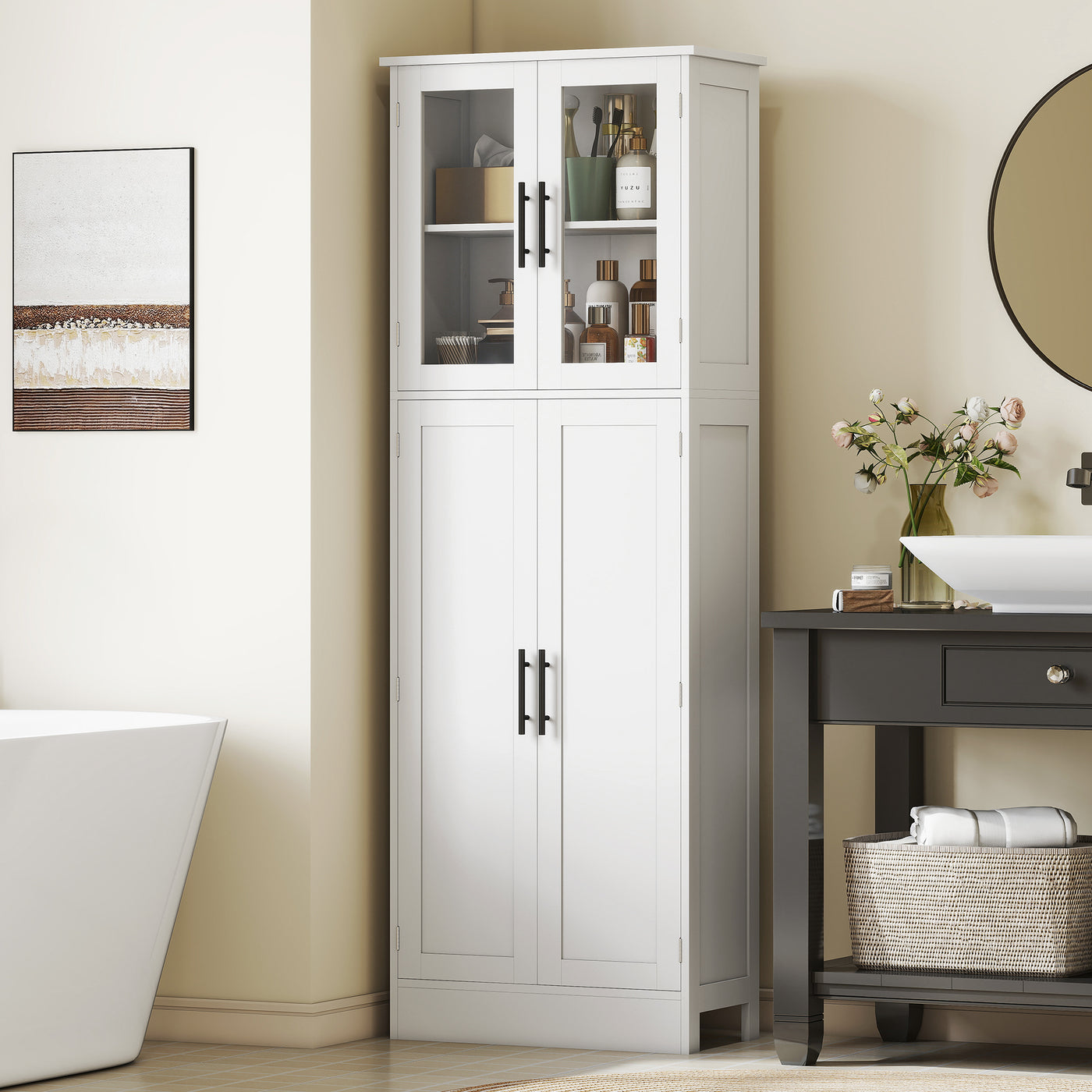 Tall Bathroom Cabinet with Glass Doors, Space-Saving Unit with Adjustable Shelves, Freestanding Storage, White