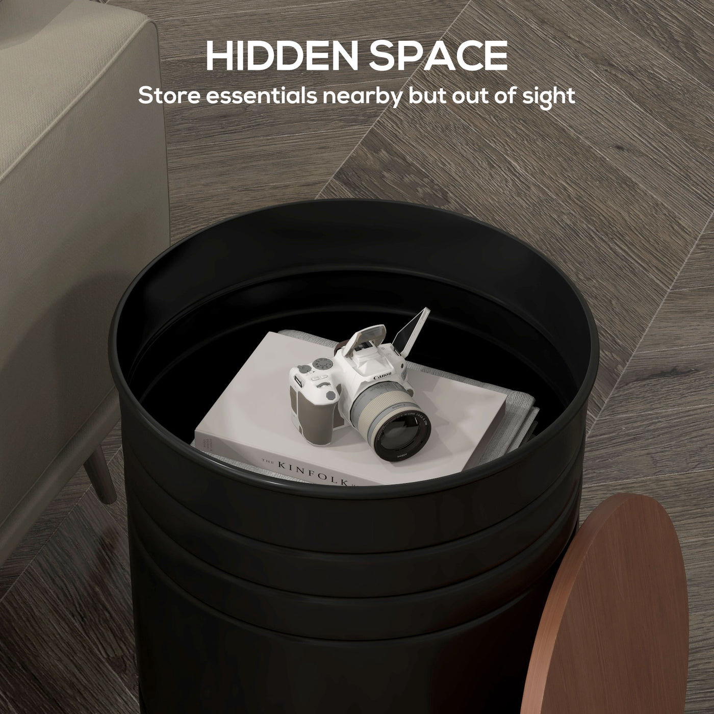 Round Side Table Set of 2, Nesting Coffee Tables w/ Wooden Lid, Metal Frame and Hidden Storage Space for Bedroom, Black