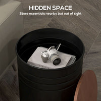 Round Side Table Set of 2, Nesting Coffee Tables w/ Wooden Lid, Metal Frame and Hidden Storage Space for Bedroom, Black